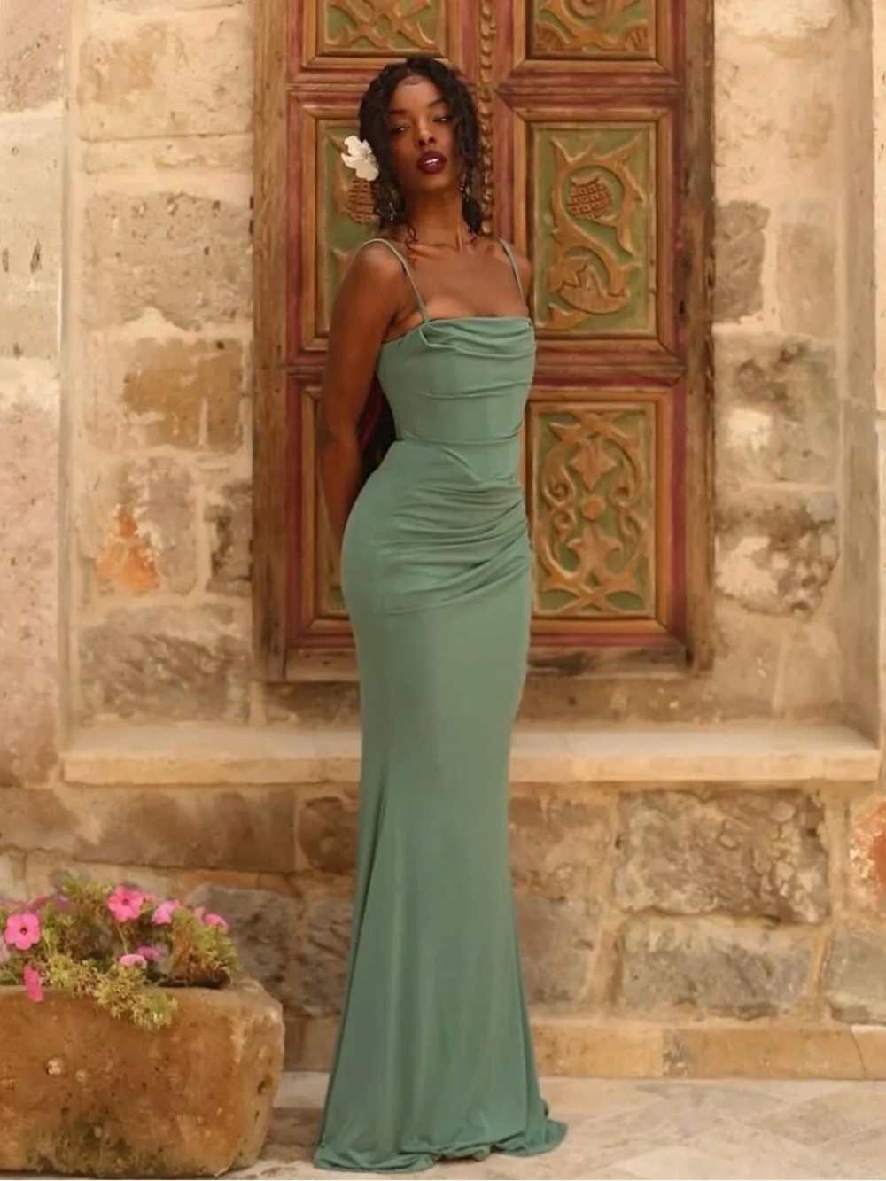 House of CB Pine Green Spaghetti-Strap Maxi Dress